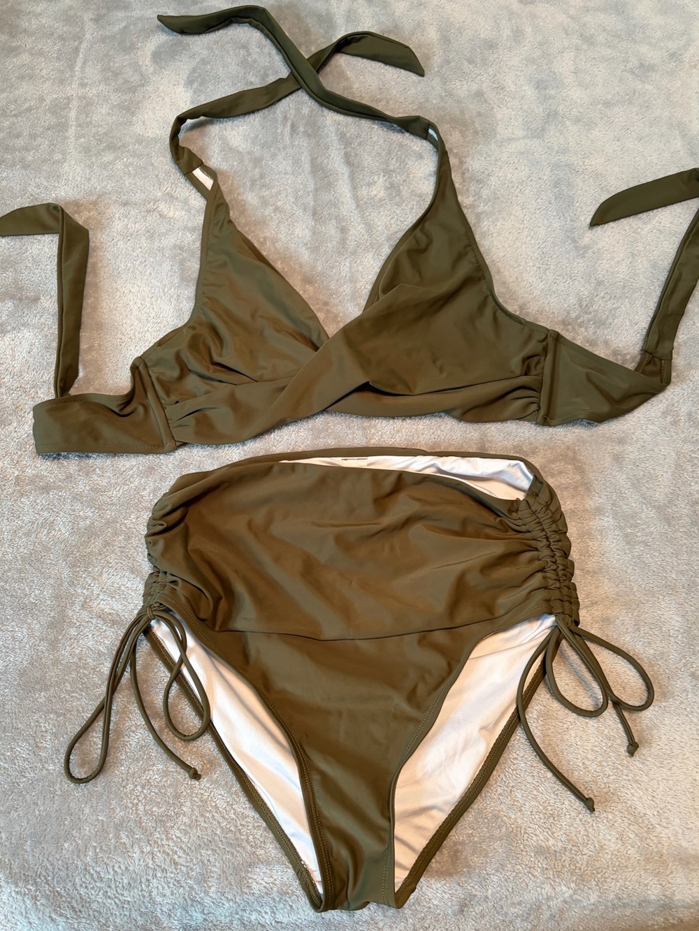 Olive High-Waist Tie-Side Halter Bikini Set - Women Swim